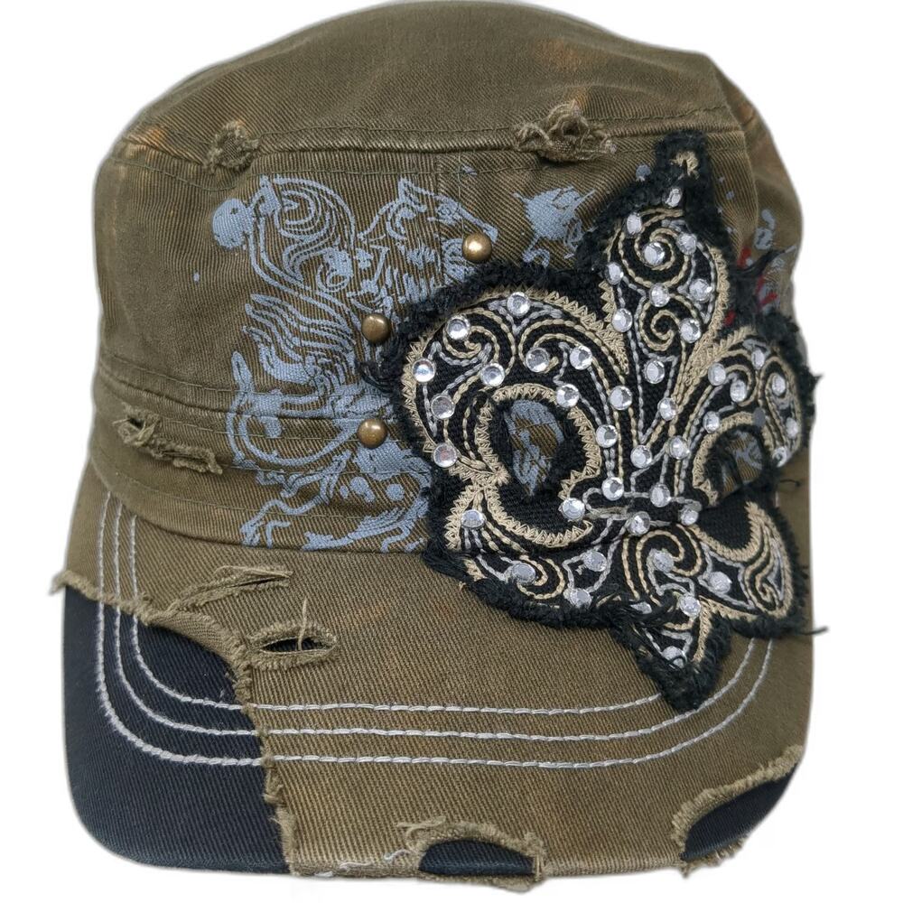 Leader Army Cap Green One Size Fitted Rhinestone Fleur-De-Lis Studded Cotton Hat